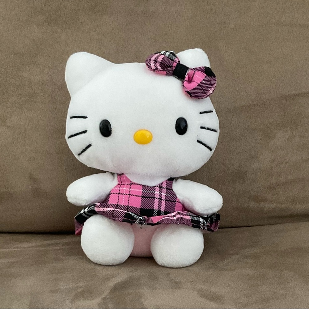 TY Hello Kitty White Plush in Pink Plaid Outfit